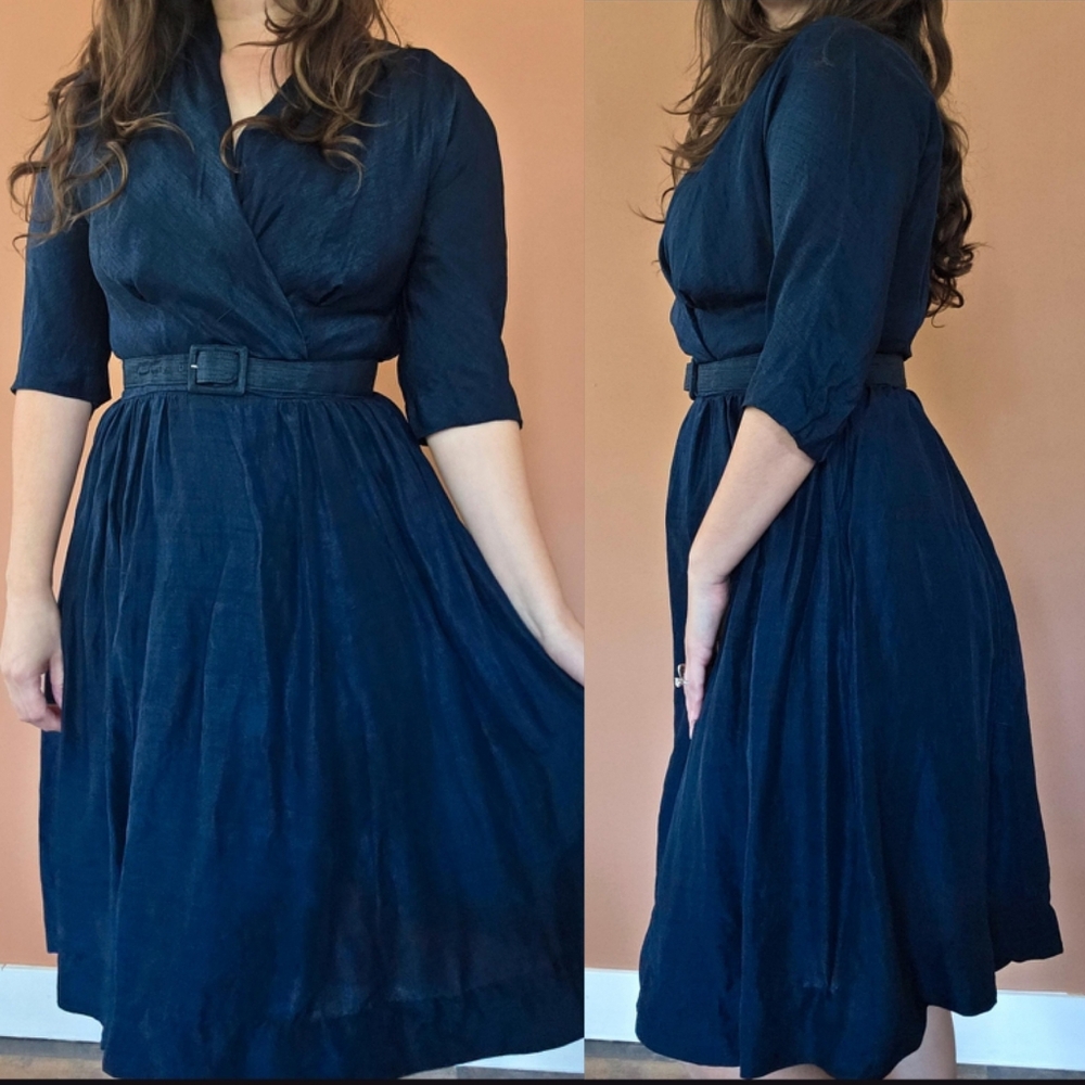Vintage 1950s Navy Blue Romantic Dress with Belt by R&K Original